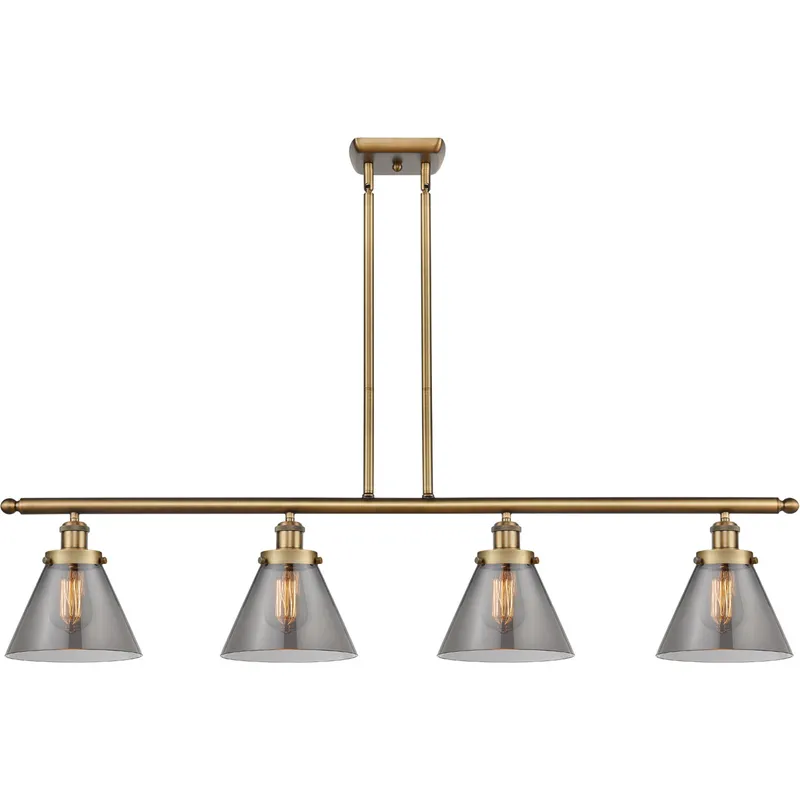 Ballston Large Cone 4 Light 48 inch Brushed Brass Island Light Ceiling Light in Light Smoke Glass