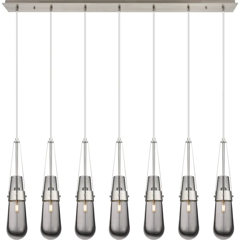 Milan 7 Light 48.13 inch Brushed Satin Nickel Linear Pendant Ceiling Light in Light Smoke Glass