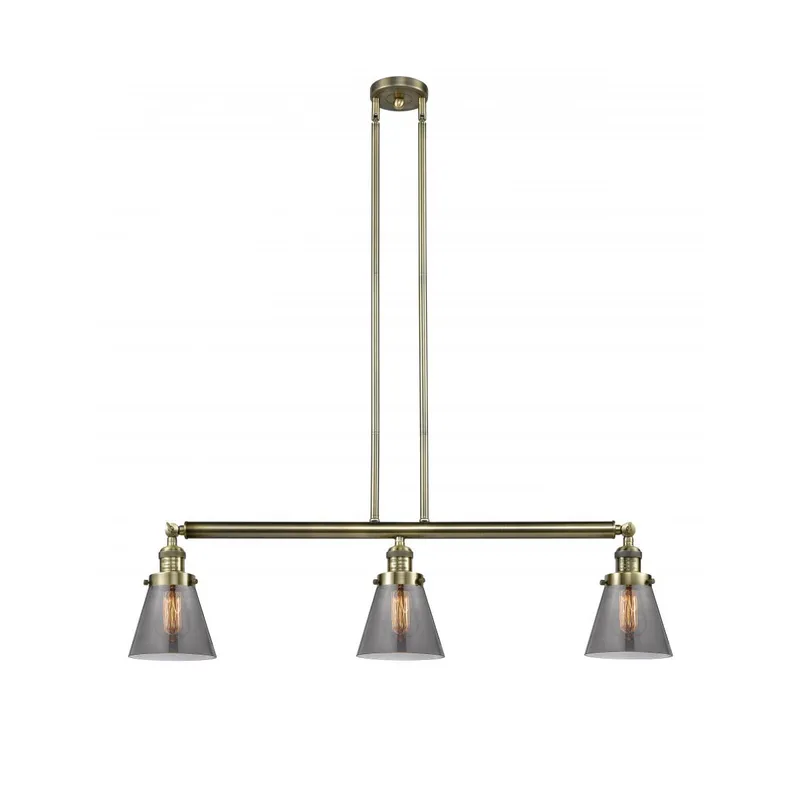 Franklin Restoration Small Cone 3 Light 38.75 inch Antique Brass Island Light Ceiling Light in Light Smoke Glass, Franklin Restoration