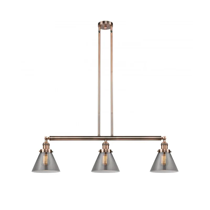 Franklin Restoration Large Cone 3 Light 40.25 inch Antique Copper Island Light Ceiling Light in Light Smoke Glass, Franklin Restoration
