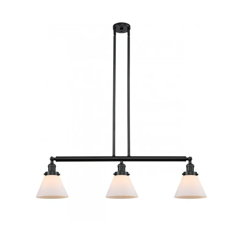 Franklin Restoration Large Cone 3 Light 40 inch Matte Black Island Light Ceiling Light in Matte White Glass, Franklin Restoration