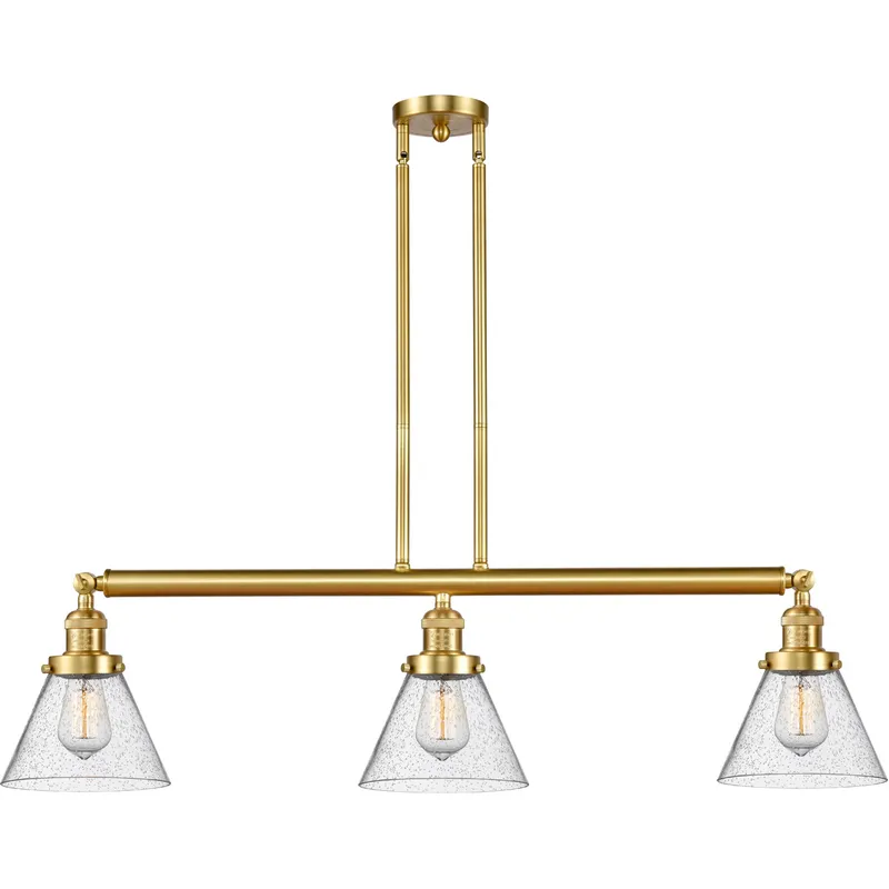 Franklin Restoration Large Cone 3 Light 40 inch Satin Gold Island Light Ceiling Light in Seedy Glass, Franklin Restoration