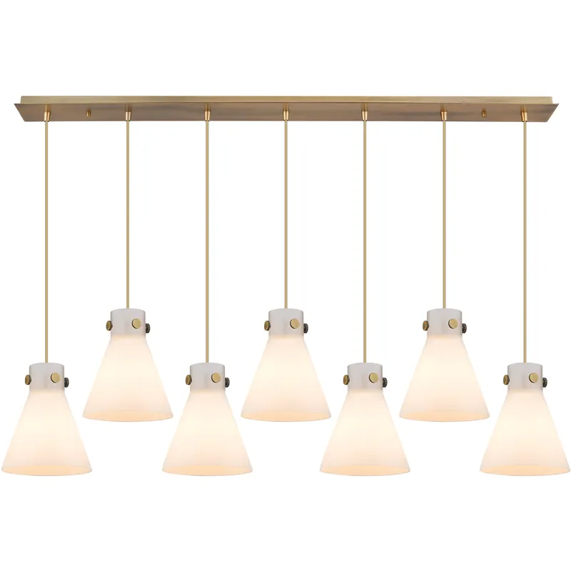 Newton Cone 7 Light 51.75 inch Brushed Brass Linear Pendant Ceiling Light in White Glass
