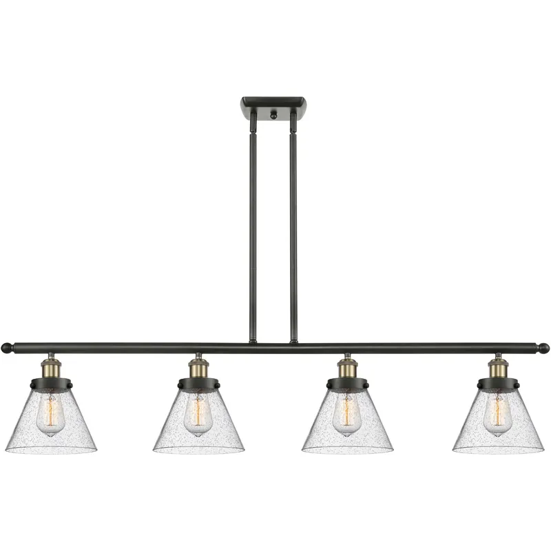 Ballston Large Cone 4 Light 48 inch Black Antique Brass Island Light Ceiling Light in Seedy Glass