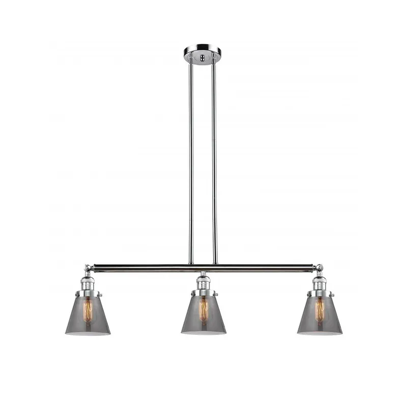 Franklin Restoration Small Cone 3 Light 39 inch Polished Chrome Island Light Ceiling Light in Plated Smoke Glass, Franklin Restoration