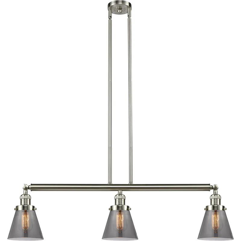 Franklin Restoration Small Cone 3 Light 39 inch Brushed Satin Nickel Island Light Ceiling Light in Plated Smoke Glass, Franklin Restoration