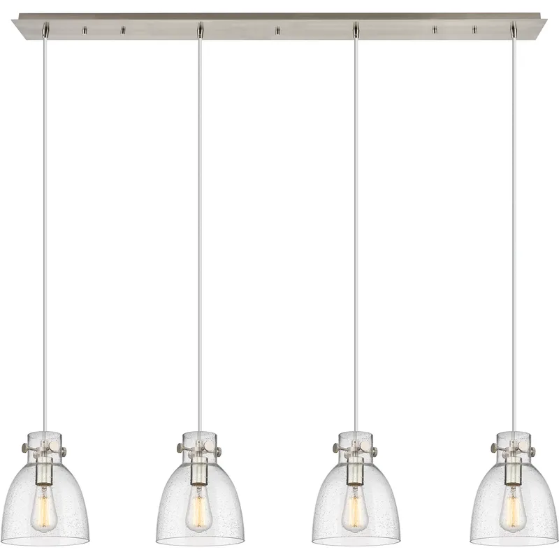 Newton Bell 4 Light 51.75 inch Brushed Satin Nickel Linear Pendant Ceiling Light in Seedy Glass