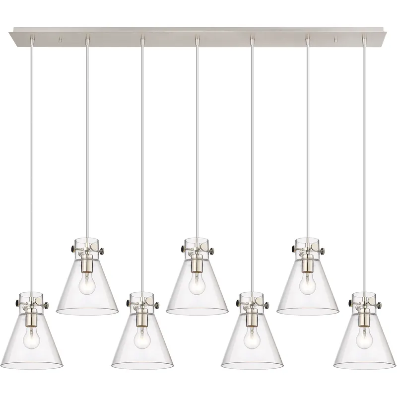 Newton Cone 7 Light 51.75 inch Polished Nickel Linear Pendant Ceiling Light in Clear Glass