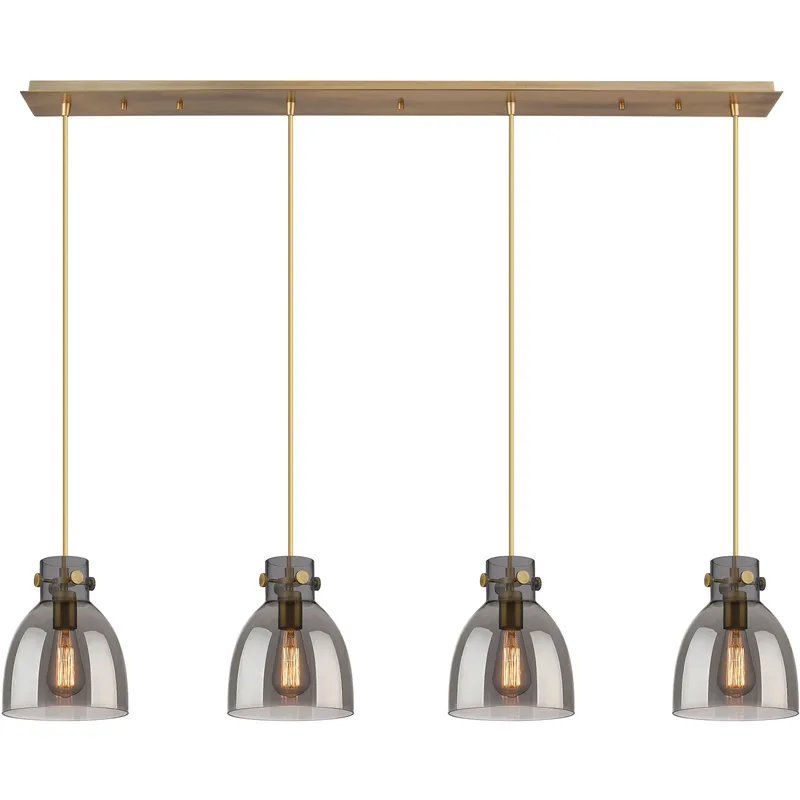 Newton Bell 4 Light 51.75 inch Brushed Brass Linear Pendant Ceiling Light in Light Smoke Glass