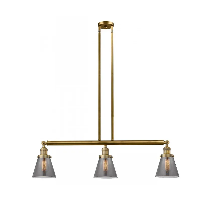 Franklin Restoration Small Cone 3 Light 39 inch Brushed Brass Island Light Ceiling Light in Plated Smoke Glass, Franklin Restoration