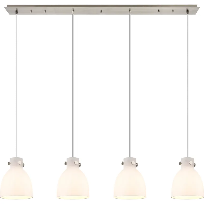 Newton Bell 4 Light 51.75 inch Brushed Satin Nickel Linear Pendant Ceiling Light in White Glass