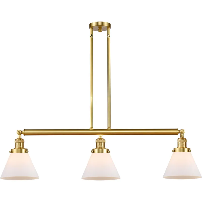 Franklin Restoration Large Cone 3 Light 40 inch Satin Gold Island Light Ceiling Light in Matte White Glass, Franklin Restoration