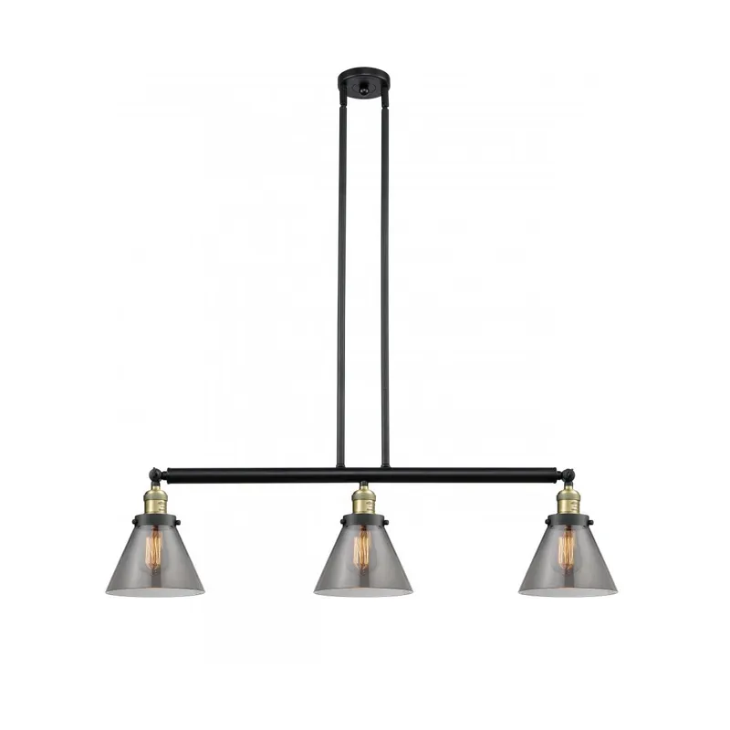 Franklin Restoration Large Cone 3 Light 40.25 inch Black Antique Brass Island Light Ceiling Light in Light Smoke Glass, Franklin Restoration