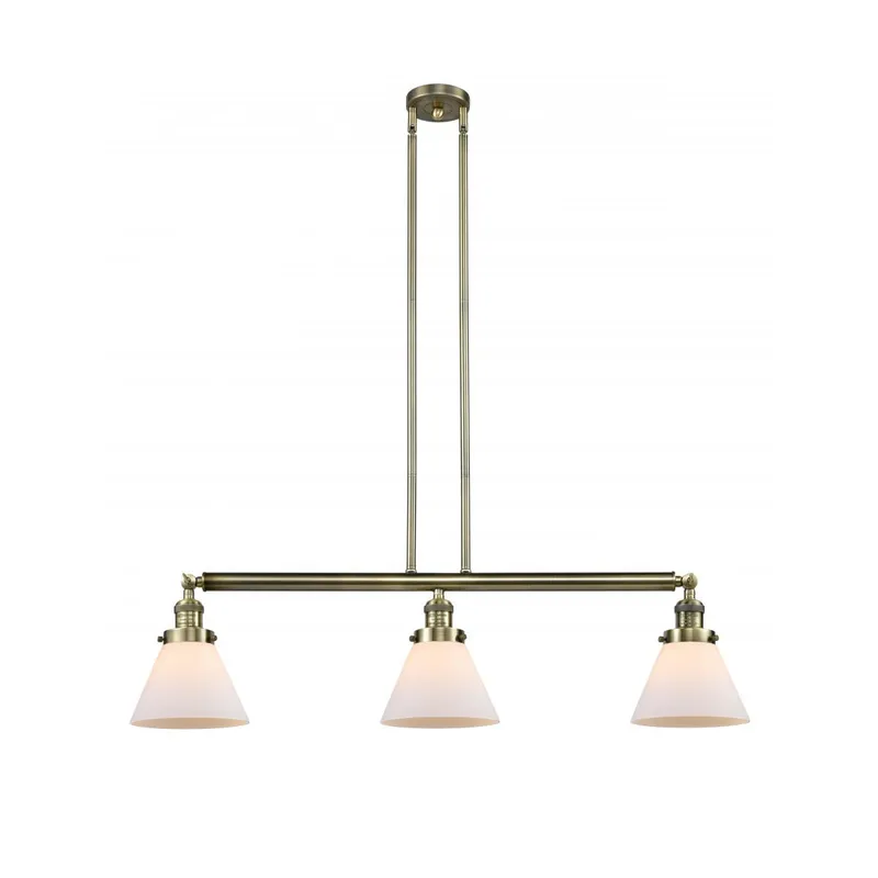 Franklin Restoration Large Cone 3 Light 40 inch Antique Brass Island Light Ceiling Light in Incandescent, Matte White Glass, Franklin Restoration