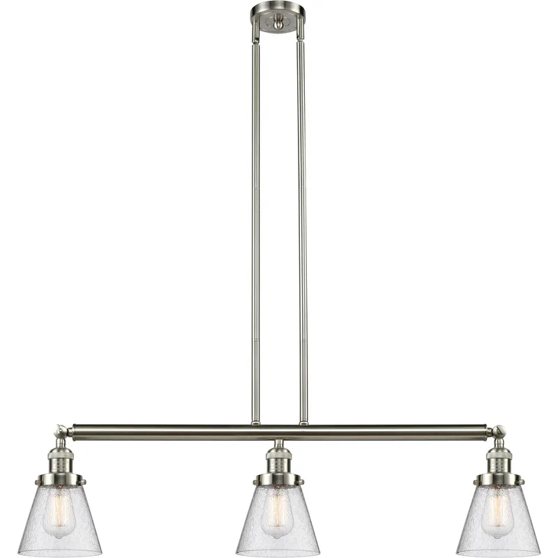 Franklin Restoration Small Cone 3 Light 39 inch Brushed Satin Nickel Island Light Ceiling Light in Seedy Glass, Franklin Restoration