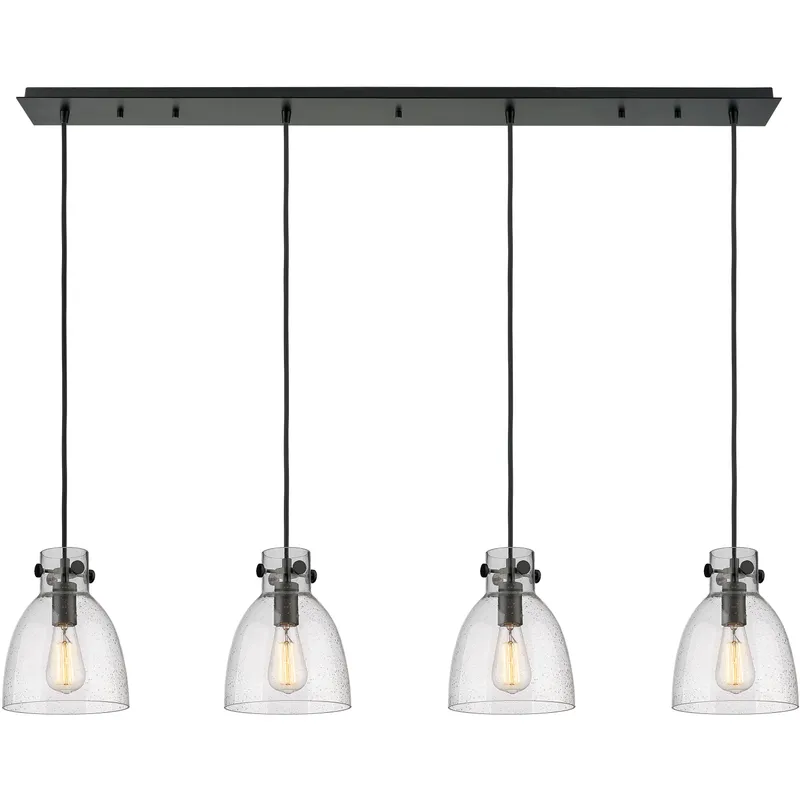 Newton Bell 4 Light 51.75 inch Matte Black Linear Pendant Ceiling Light in Seedy Glass