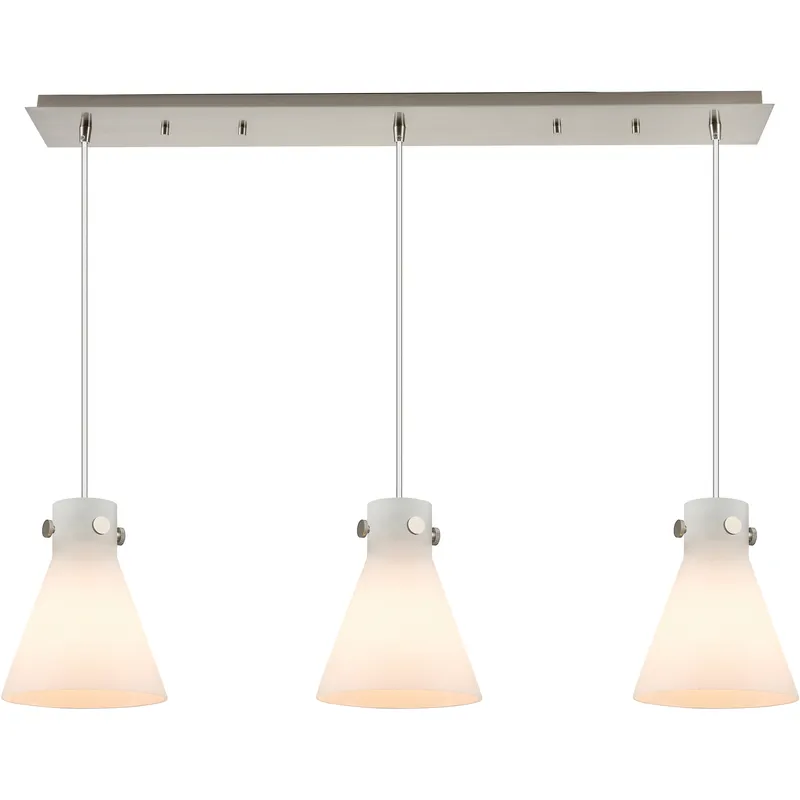 Newton Cone 3 Light 39.75 inch Brushed Satin Nickel Linear Pendant Ceiling Light in White Glass