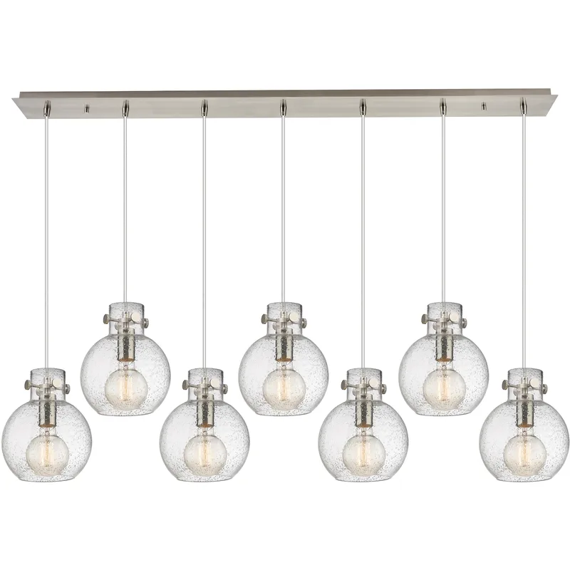 Newton Sphere 7 Light 51.75 inch Brushed Satin Nickel Linear Pendant Ceiling Light in Seedy Glass
