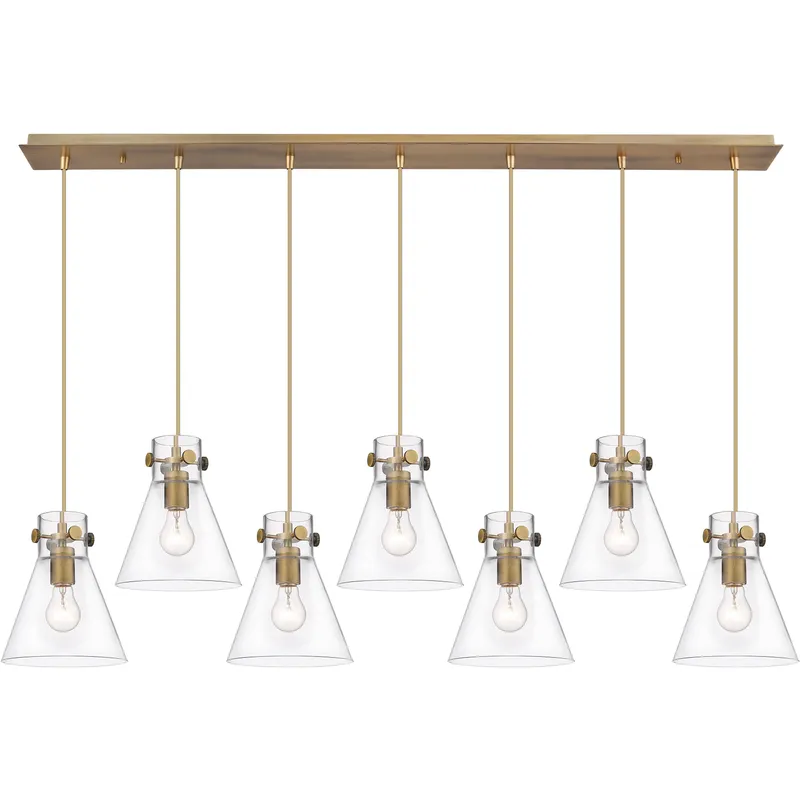 Newton Cone 7 Light 51.75 inch Brushed Brass Linear Pendant Ceiling Light in Clear Glass
