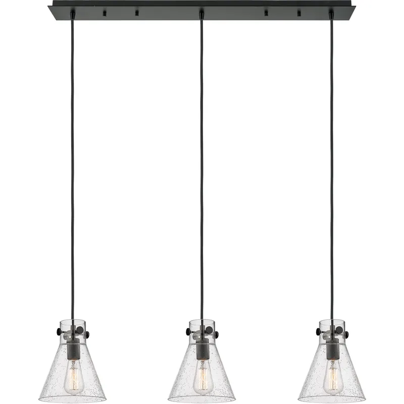 Newton Cone 3 Light 39.75 inch Matte Black Linear Pendant Ceiling Light in Seedy Glass