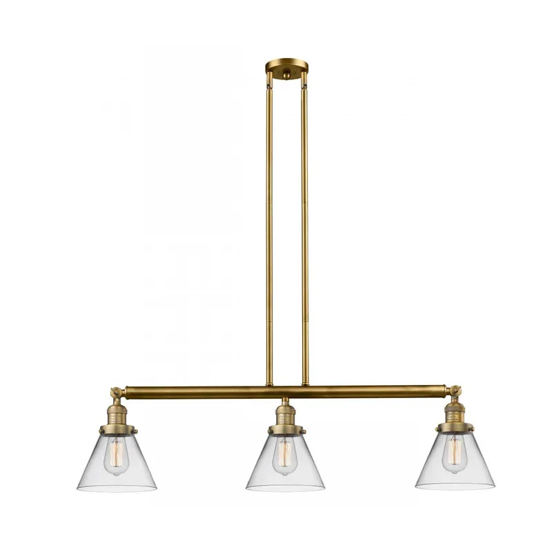 Franklin Restoration Large Cone 3 Light 40 inch Brushed Brass Island Light Ceiling Light in Clear Glass, Franklin Restoration
