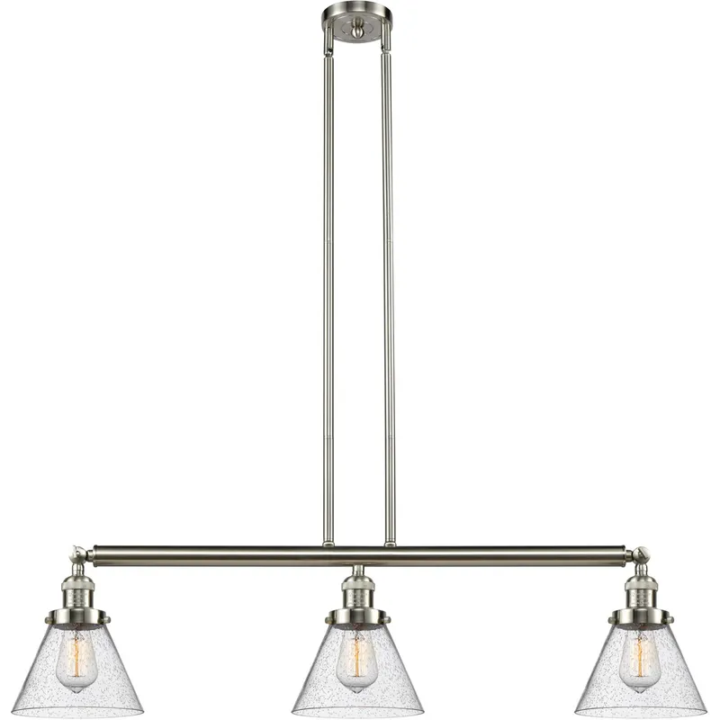 Franklin Restoration Large Cone 3 Light 40 inch Brushed Satin Nickel Island Light Ceiling Light in Seedy Glass, Franklin Restoration