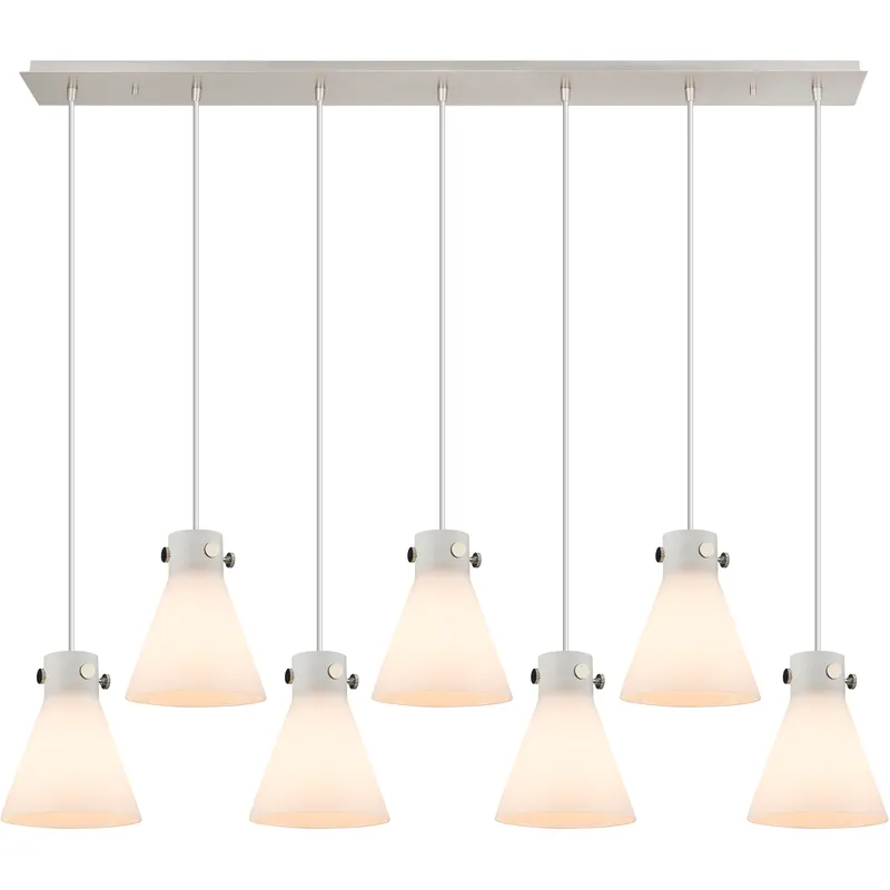Newton Cone 7 Light 51.75 inch Polished Nickel Linear Pendant Ceiling Light in White Glass
