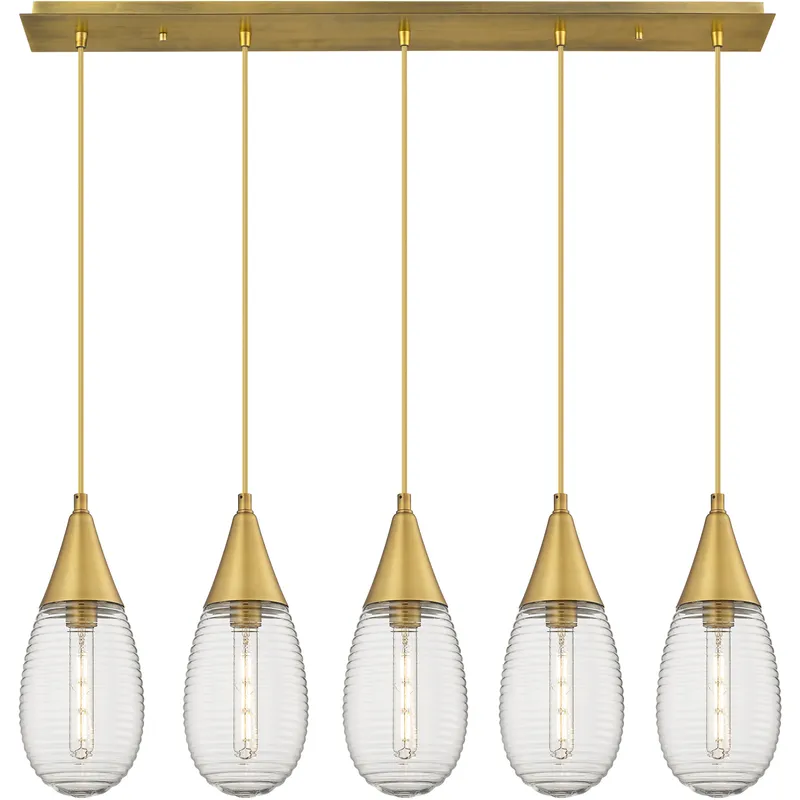 Malone 5 Light 37.75 inch Brushed Brass Linear Pendant Ceiling Light in Striped Clear Glass
