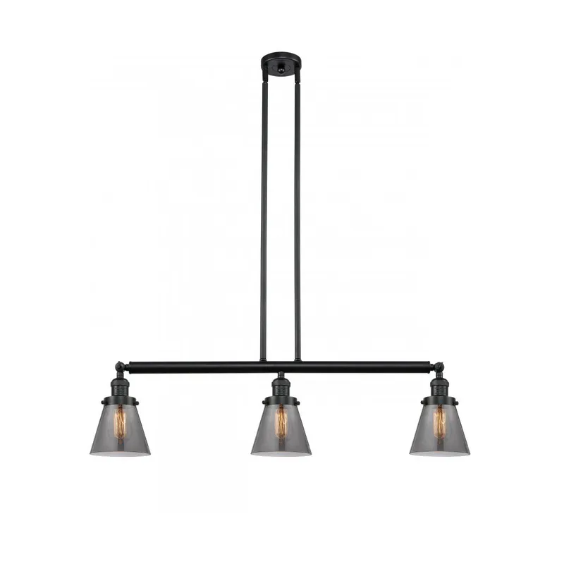 Franklin Restoration Small Cone 3 Light 39 inch Matte Black Island Light Ceiling Light in Plated Smoke Glass, Franklin Restoration