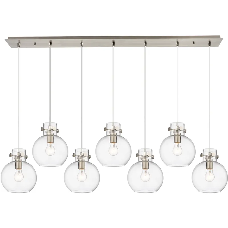 Newton Sphere 7 Light 51.75 inch Brushed Satin Nickel Linear Pendant Ceiling Light in Clear Glass