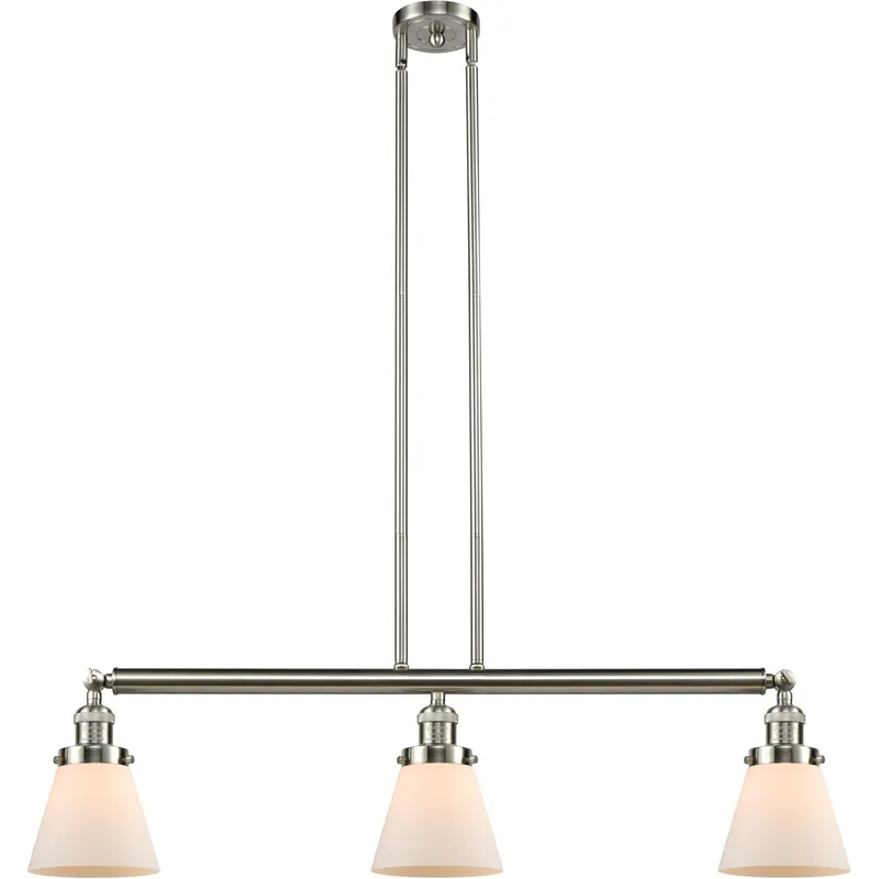 Franklin Restoration Small Cone 3 Light 39 inch Brushed Satin Nickel Island Light Ceiling Light in Matte White Glass, Franklin Restoration