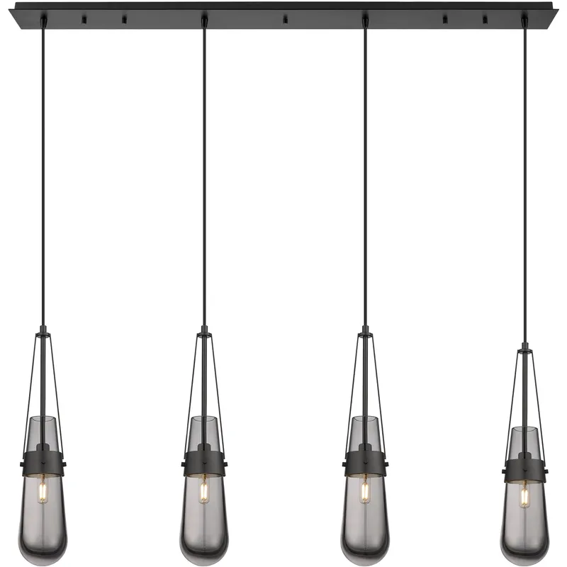 Milan 4 Light 48.13 inch Matte Black Linear Pendant Ceiling Light in Light Smoke Glass