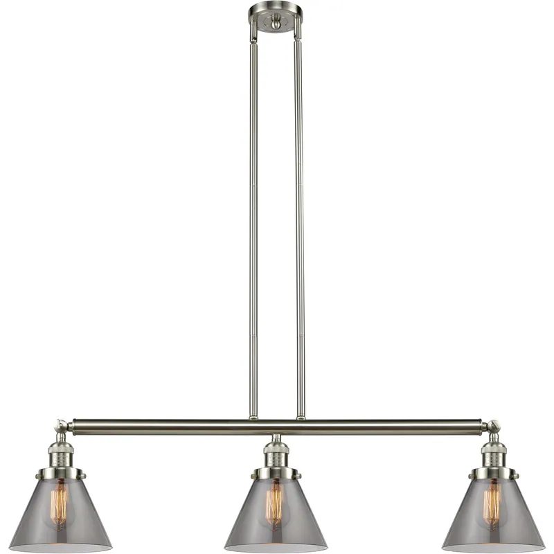 Franklin Restoration Large Cone 3 Light 40.25 inch Brushed Satin Nickel Island Light Ceiling Light in Light Smoke Glass, Franklin Restoration