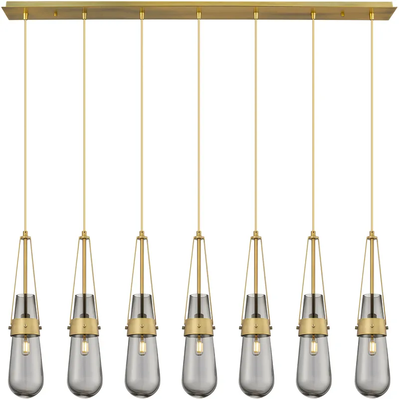 Milan 7 Light 48.13 inch Brushed Brass Linear Pendant Ceiling Light in Light Smoke Glass