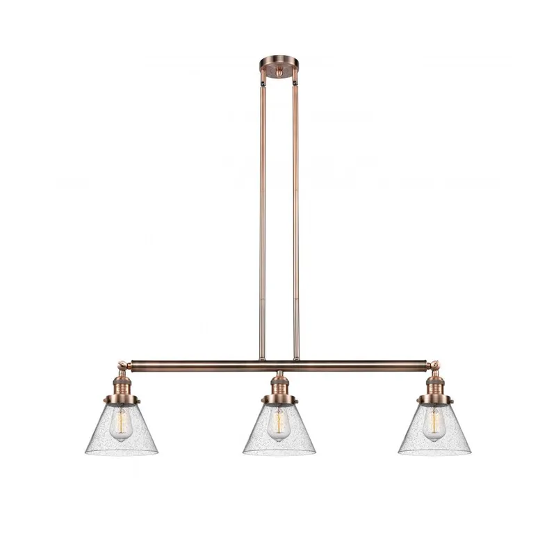 Franklin Restoration Large Cone 3 Light 40 inch Antique Copper Island Light Ceiling Light in Seedy Glass, Franklin Restoration