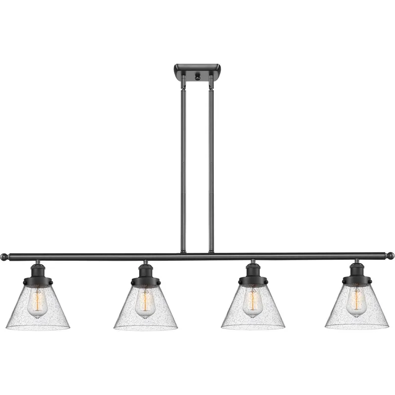 Ballston Large Cone 4 Light 48 inch Matte Black Island Light Ceiling Light in Seedy Glass, Ballston