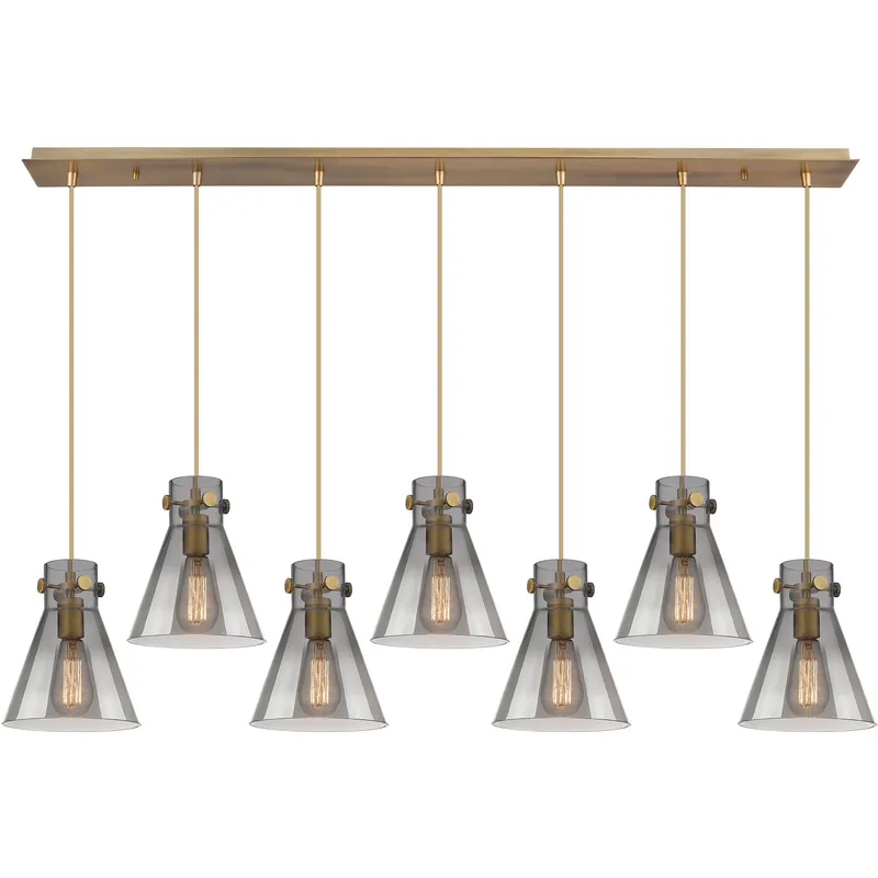 Newton Cone 7 Light 51.75 inch Brushed Brass Linear Pendant Ceiling Light in Light Smoke Glass