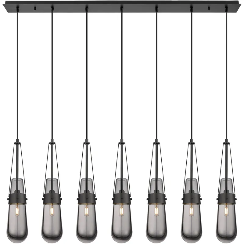 Milan 7 Light 48.13 inch Matte Black Linear Pendant Ceiling Light in Light Smoke Glass