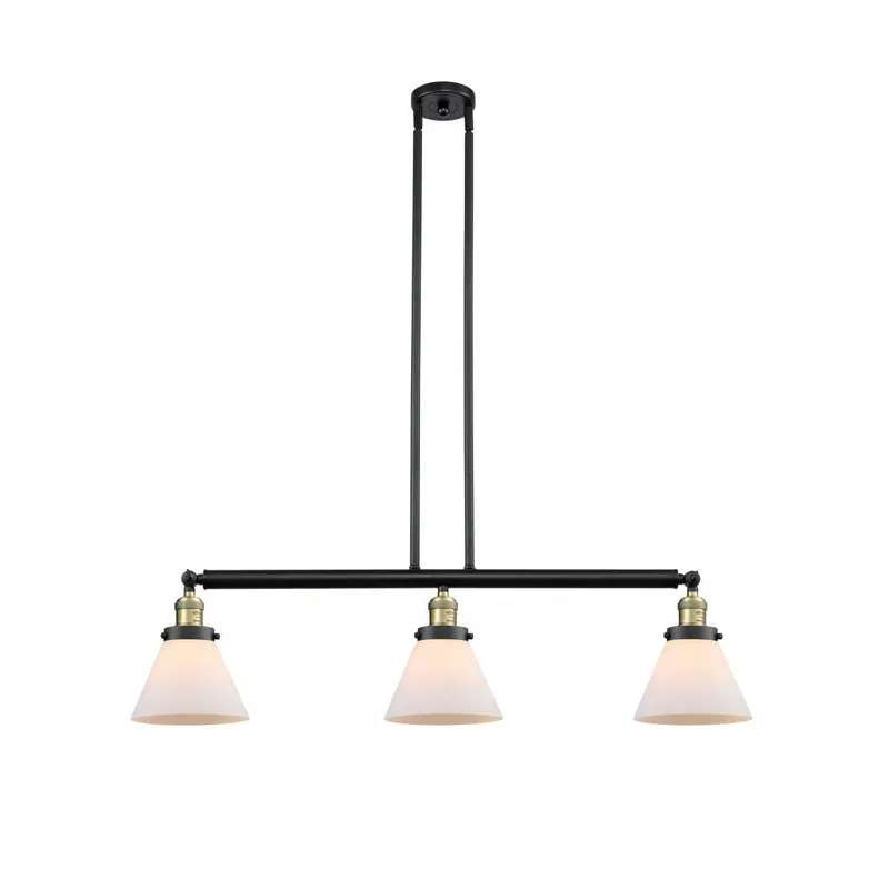 Franklin Restoration Large Cone 3 Light 40 inch Black Antique Brass Island Light Ceiling Light in Matte White Glass, Franklin Restoration