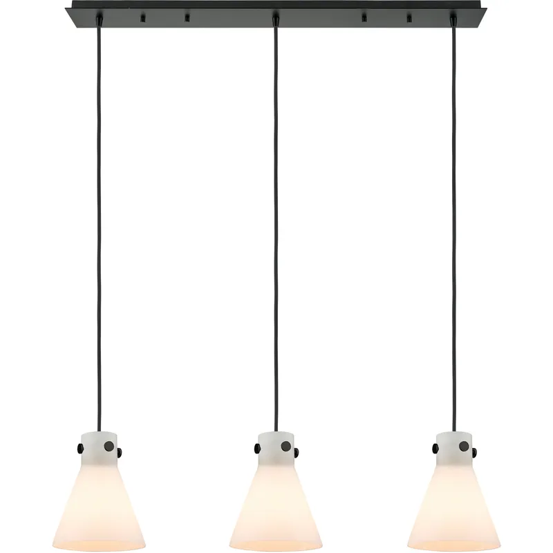 Newton Cone 3 Light 39.75 inch Matte Black Linear Pendant Ceiling Light in White Glass