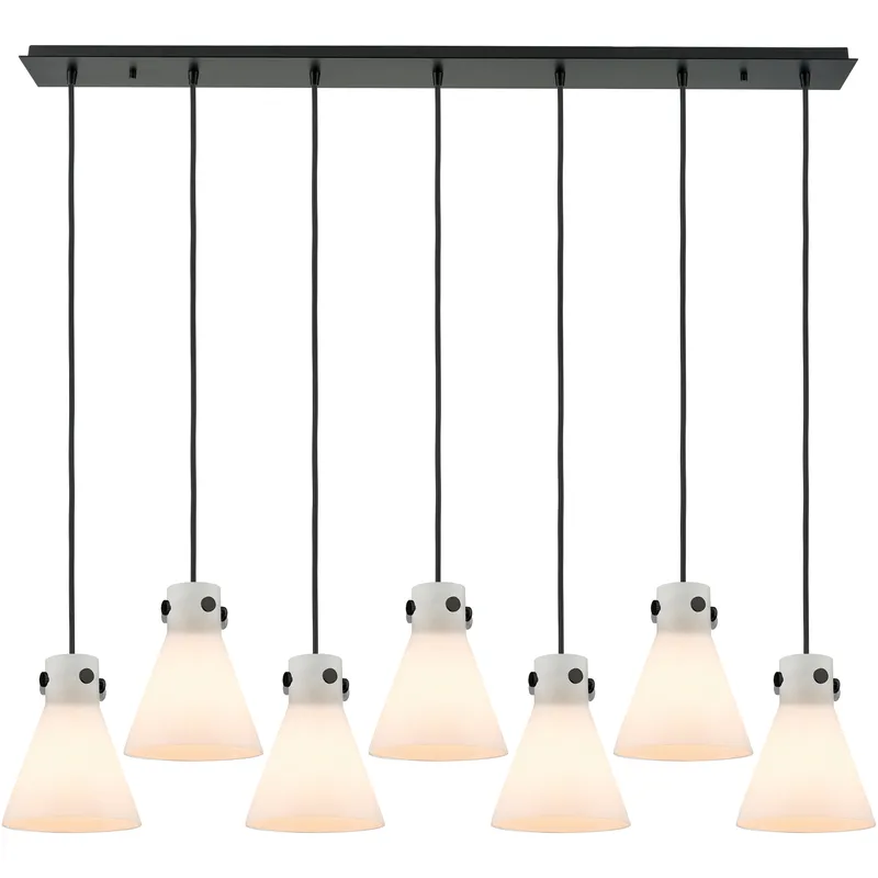Newton Cone 7 Light 51.75 inch Matte Black Linear Pendant Ceiling Light in White Glass