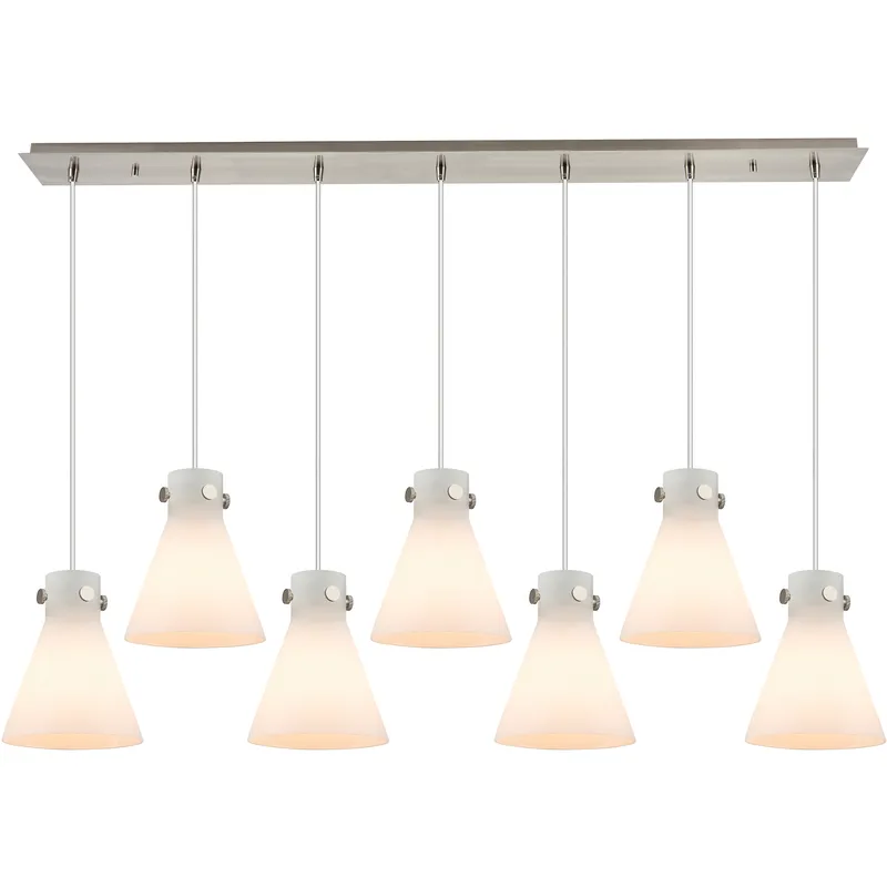 Newton Cone 7 Light 51.75 inch Brushed Satin Nickel Linear Pendant Ceiling Light in White Glass