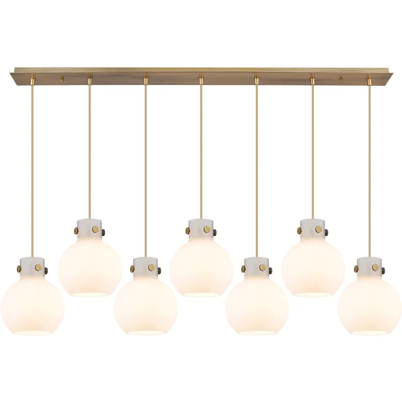 Newton Sphere 7 Light 51.75 inch Brushed Brass Linear Pendant Ceiling Light in White Glass