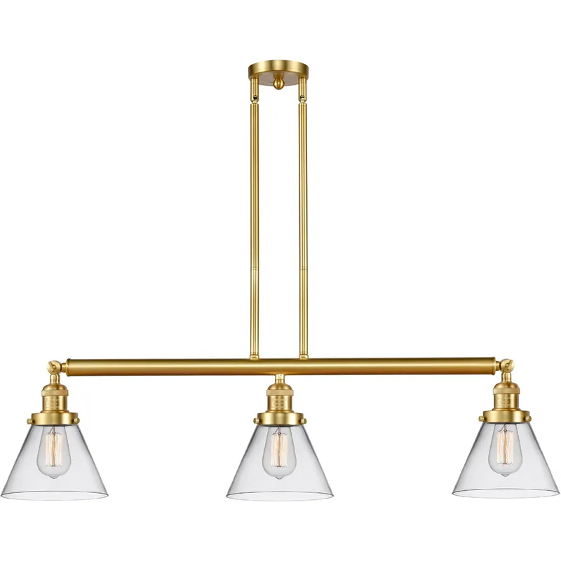 Franklin Restoration Large Cone 3 Light 40 inch Satin Gold Island Light Ceiling Light in Clear Glass, Franklin Restoration