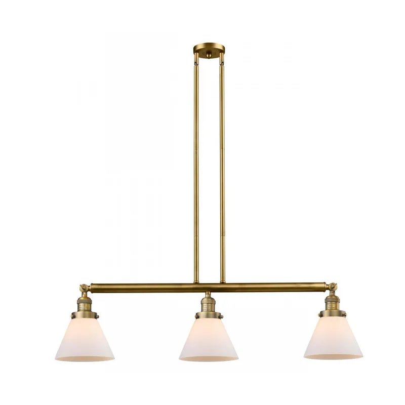 Franklin Restoration Large Cone 3 Light 40 inch Brushed Brass Island Light Ceiling Light in Matte White Glass, Franklin Restoration