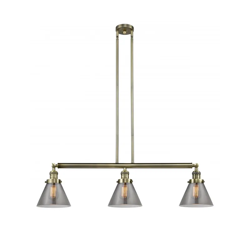 Franklin Restoration Large Cone 3 Light 40.25 inch Antique Brass Island Light Ceiling Light in Light Smoke Glass, Franklin Restoration