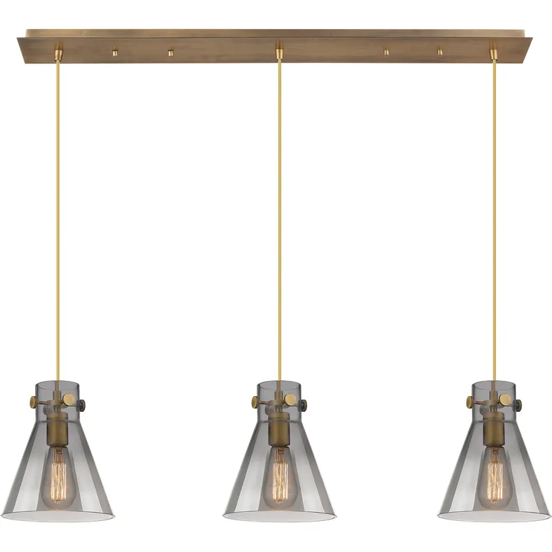 Newton Cone 3 Light 39.75 inch Brushed Brass Linear Pendant Ceiling Light in Light Smoke Glass