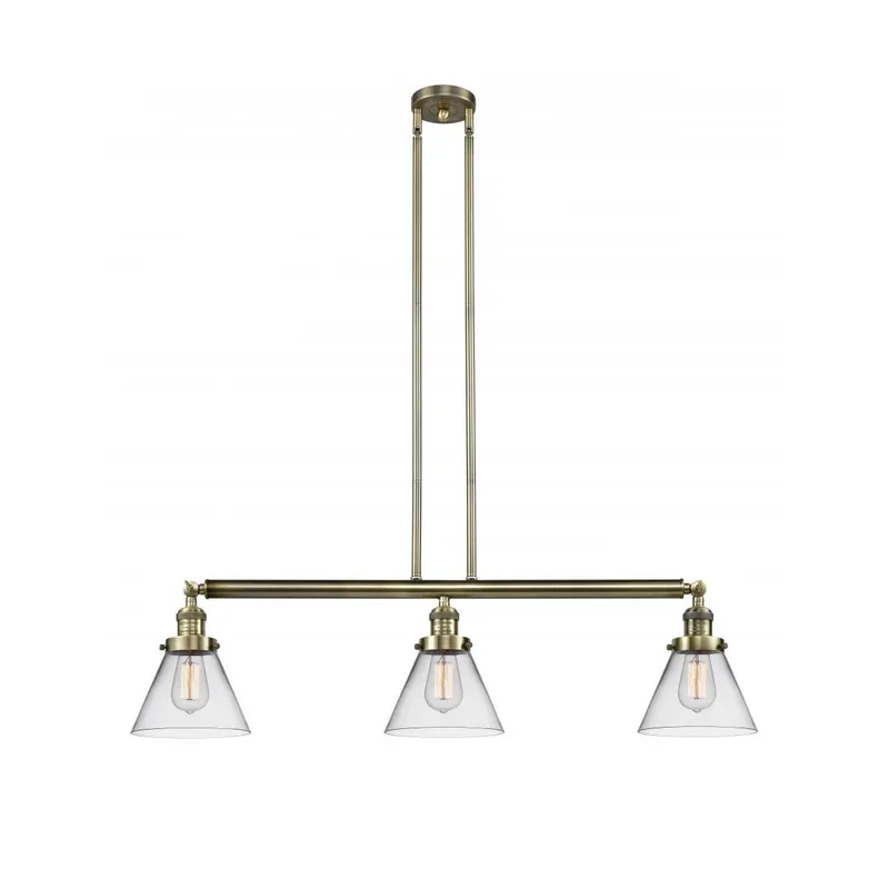 Franklin Restoration Large Cone 3 Light 40 inch Antique Brass Island Light Ceiling Light in Incandescent, Clear Glass, Franklin Restoration