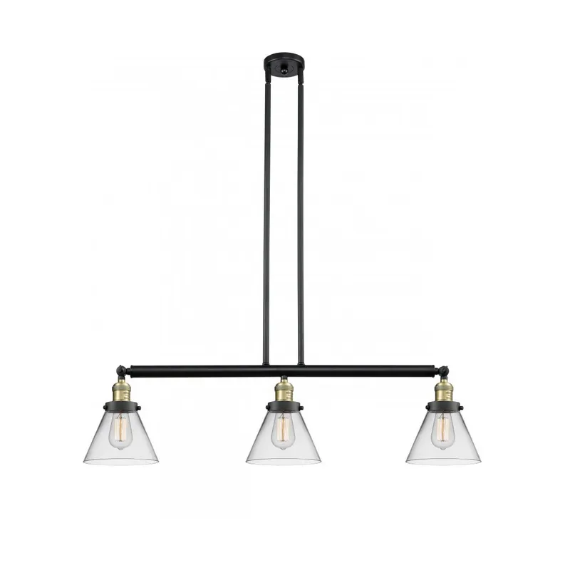 Franklin Restoration Large Cone 3 Light 40 inch Black Antique Brass Island Light Ceiling Light in Clear Glass, Franklin Restoration