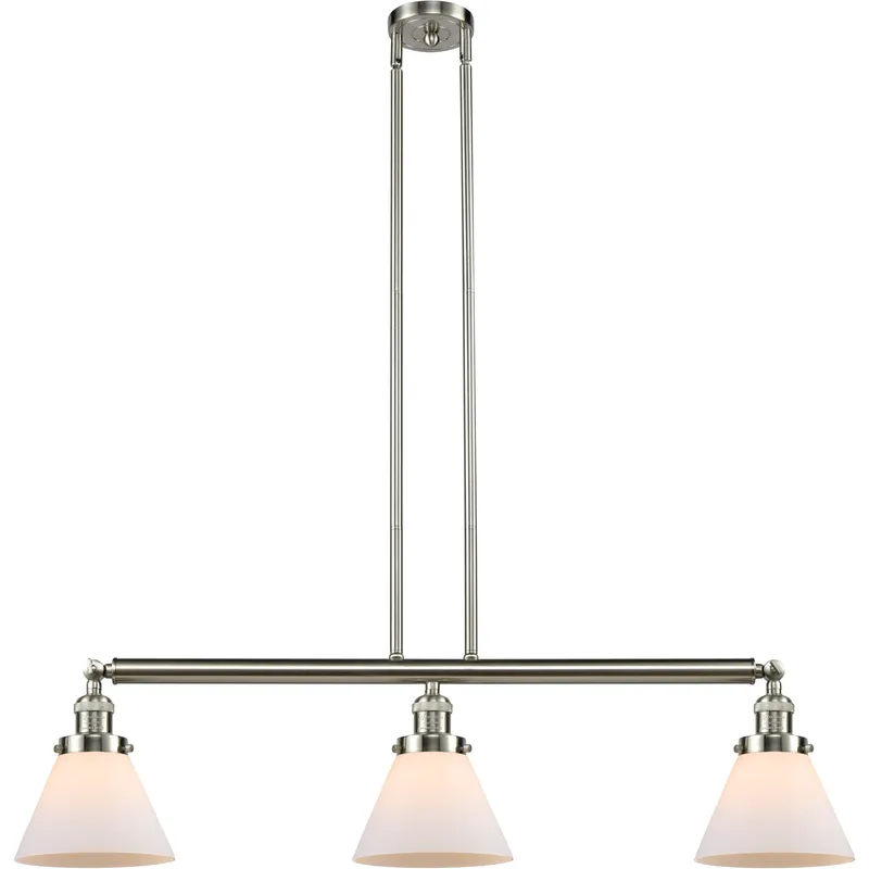 Franklin Restoration Large Cone 3 Light 40 inch Brushed Satin Nickel Island Light Ceiling Light in Matte White Glass, Franklin Restoration